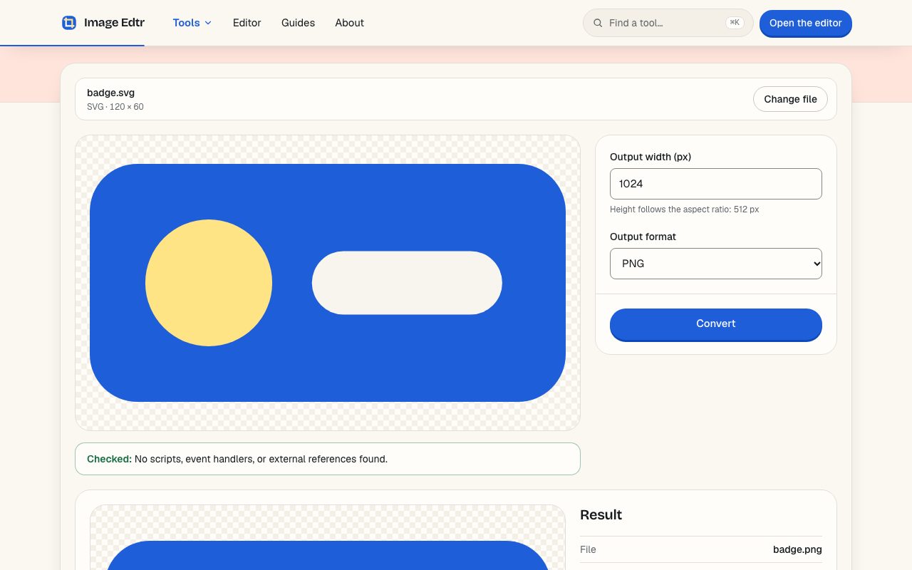 Image Edtr SVG to PNG converter showing an SVG preview, a Checked notice, an output width field, and format options